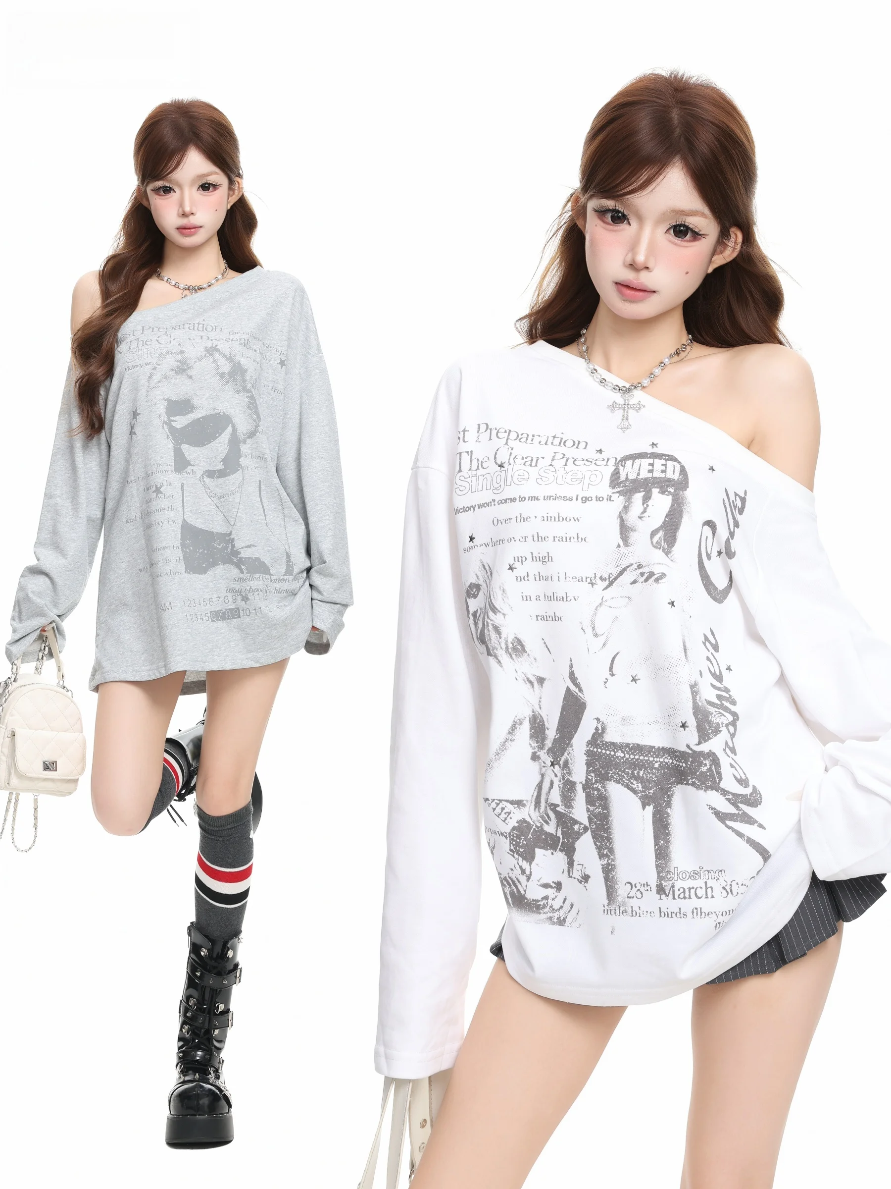BASTERDS American Punk Style Portrait Print Shoulder Bared Long Sleeve T Shirt Women's Slimming Top Cotton Creative Design
