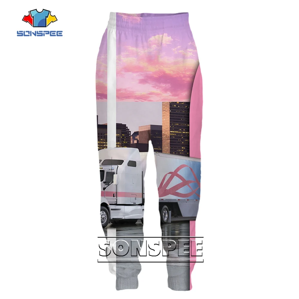 SONSPEE Pink 3D Prined Street Heavy Truck Sweatpants Ladies Building Pattern Long Pants Unisex Comfortable Trousers for Women