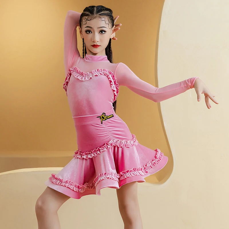 2024 New Latin Dance Professional Dress Children'S Samba Ballroom Dance Competition Costume Girls Long Sleeves Dresses SL10991