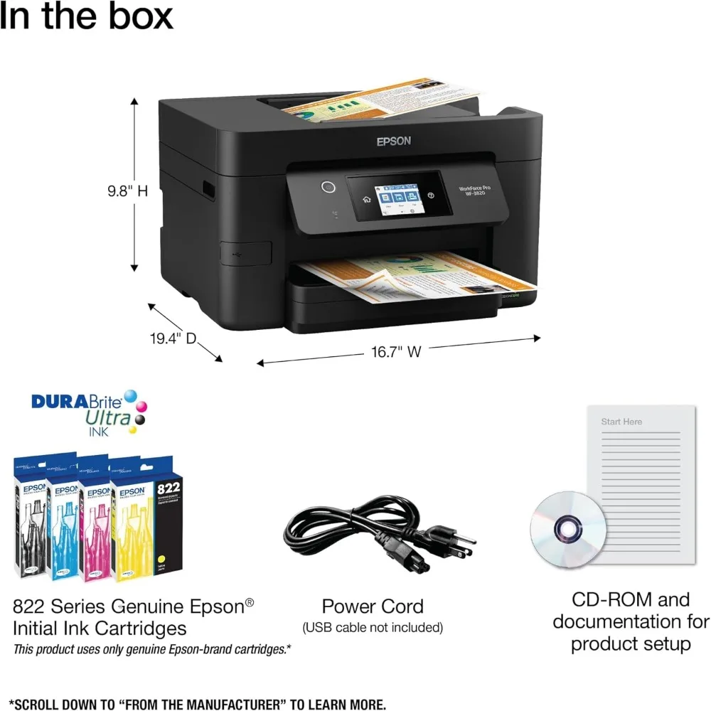 Workforce Pro Wireless Color Inkjet, All-in-One impressora, preto grande, WF-3820