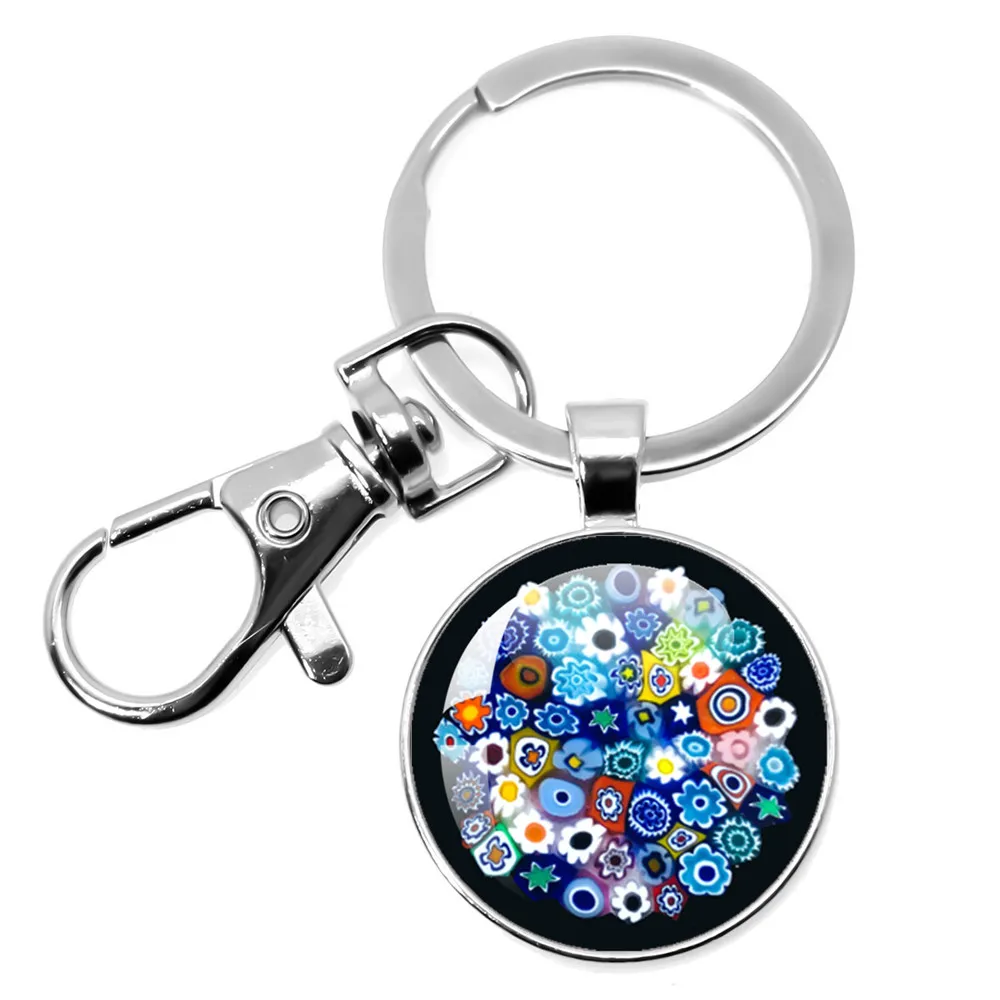 New Murano Millefiori Keychains MultiColour Flower 25mm/30MM Glass Cabochon Key Rings Holder Jewelry  Women Men Gift Wholesale