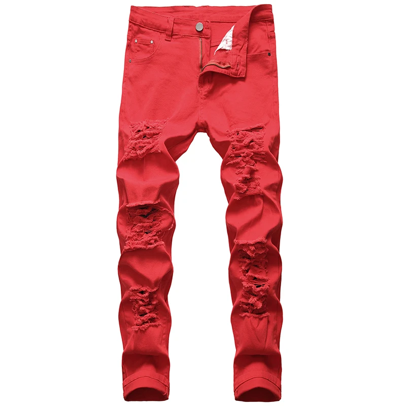 Men\'s Red White Black Color Fashion Jeans Slim Stretch Pencil Denim Pants Hole Casual Classic Trousers Versatile Brand Big Size