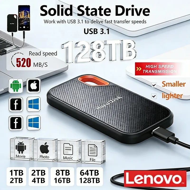 

Внешний жесткий диск Lenovo 1 ТБ, 2 ТБ, 256 ТБ, HDD/SSD для ноутбуков, PS5, мобильных устройств E60, USB 3.1