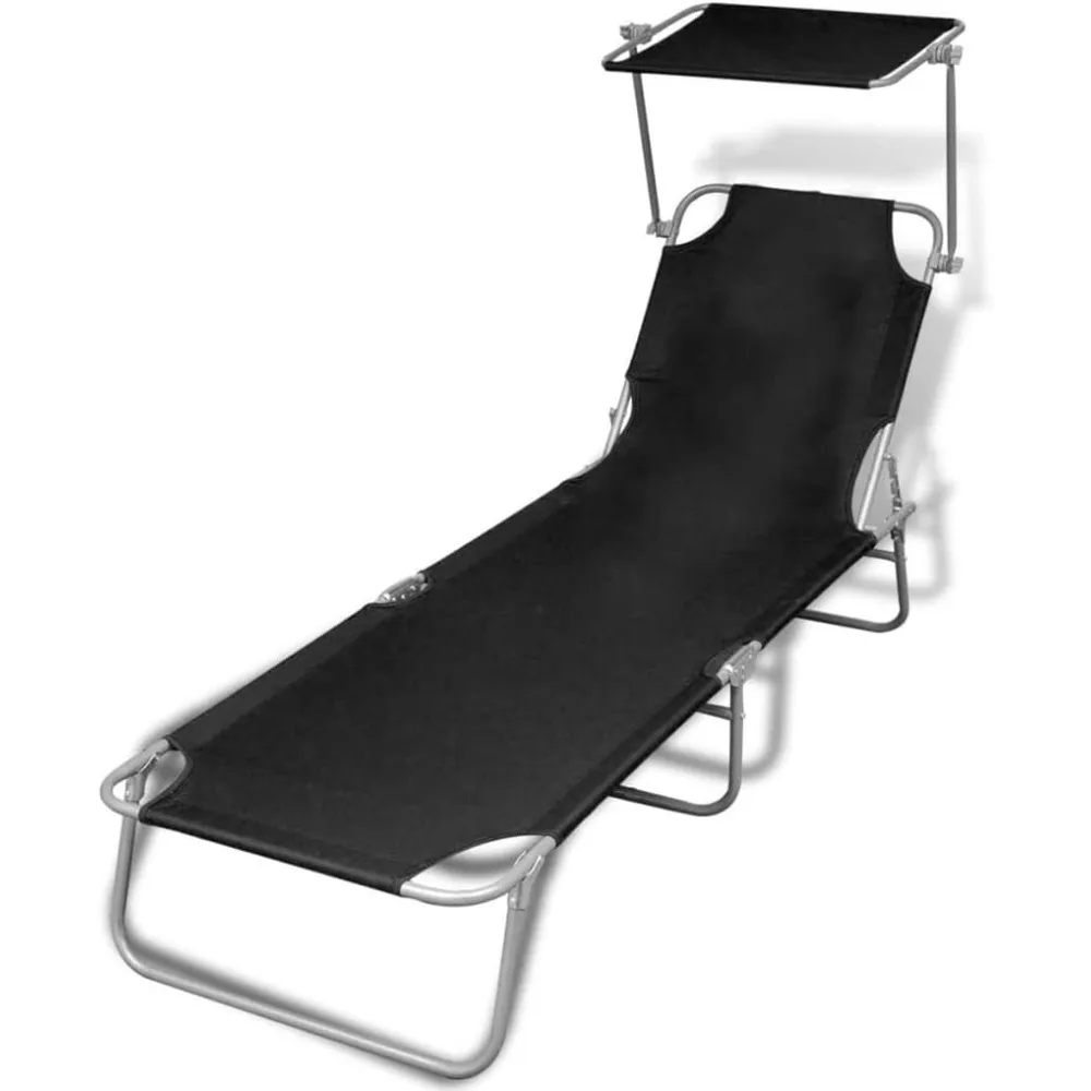 

Folding Sun Lounger with Canopy Steel and Fabric Black Sun Chaise