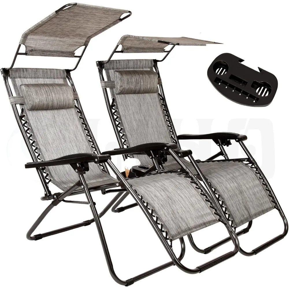 

2-Pack Zero Gravity Outdoor Lounge Chairs Patio Adjustable Folding Canopy Sunshade Reclining Chairs - Grey Color