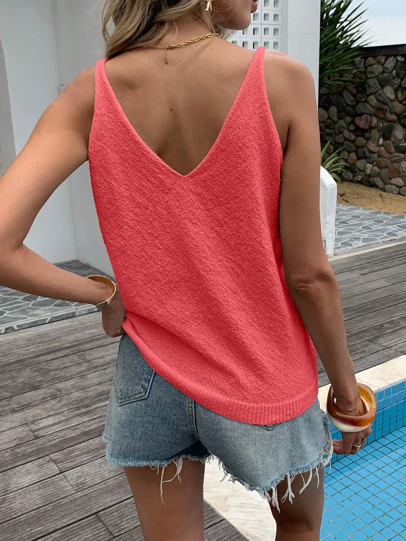 French Style Women Raspberry Red Fuzzy Knit V Neck Camisole Loose Sleeveless Tank Top Summer Daily Layering Vest
