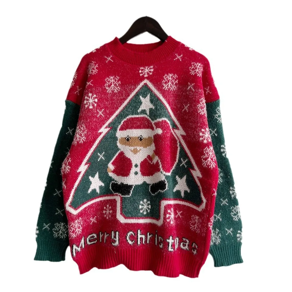 2023 New Year Sweater Santa Claus Snowflake Contrast Panel Round Neck Long Sleeve Knit Pullover