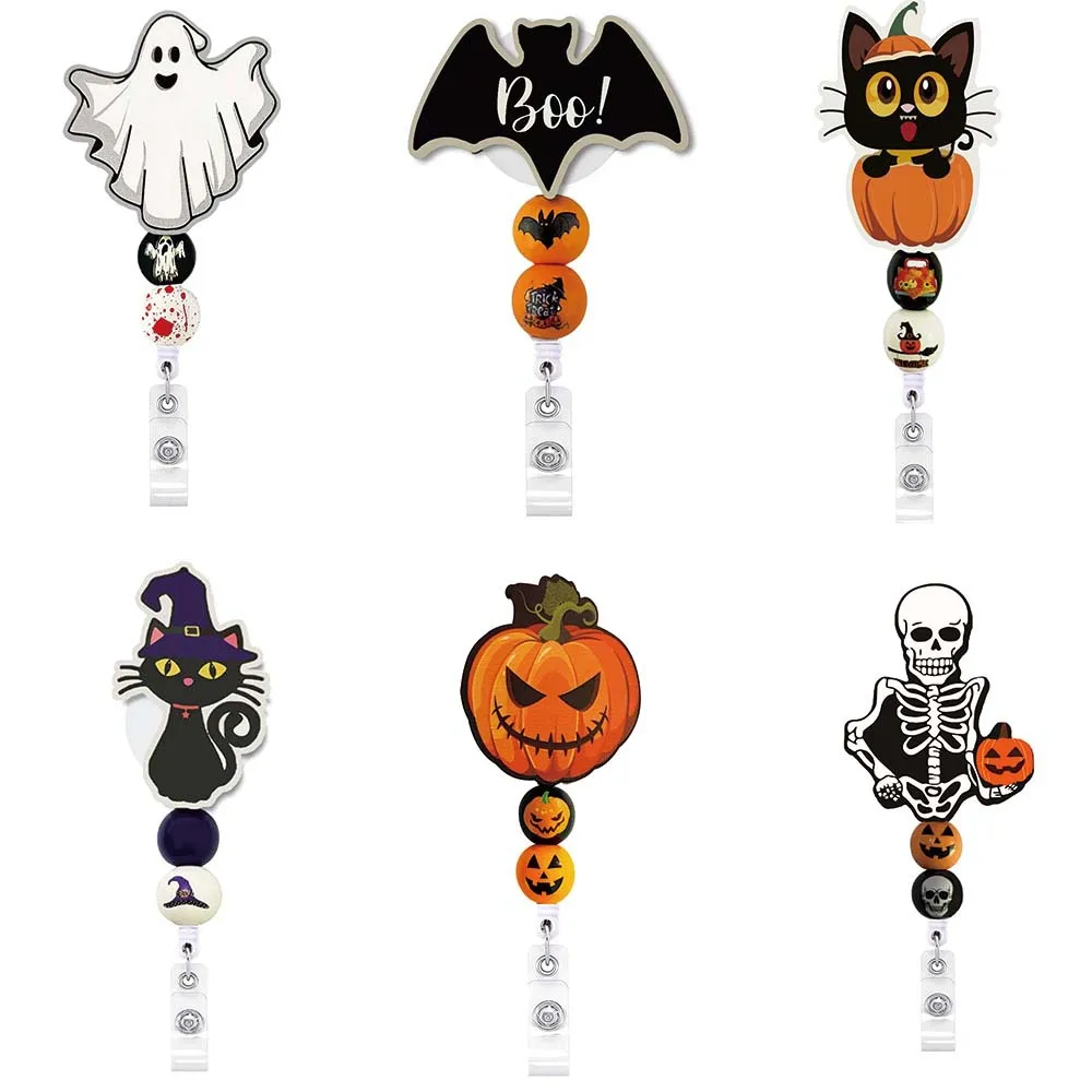 New Arrival 1 Piece Anime Halloween Style Anime Beaded Cat Pumpkin Retractable Nurse Badge Reel Party ID Card Holder Lanyard