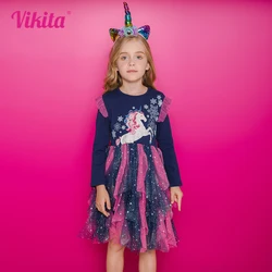 VIKITA Kids Snowflakes Print Autumn Winter Christmas New Year Dresses Girls Flare Sleeve Layered Mesh Tulle Princess Xmas Dress