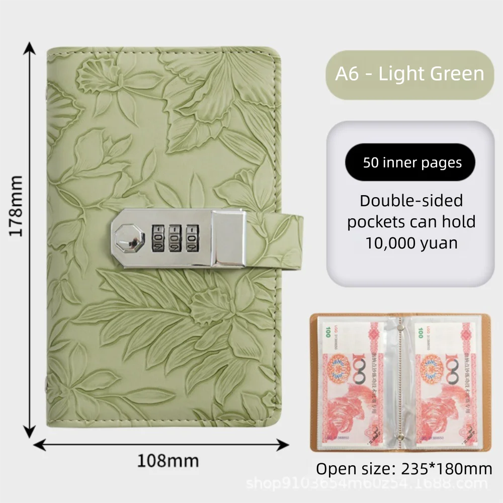 With Password Lock 100 Envelopes Money Saving Challenge Embossed Flower PU Savings Binder Reusable Save Money