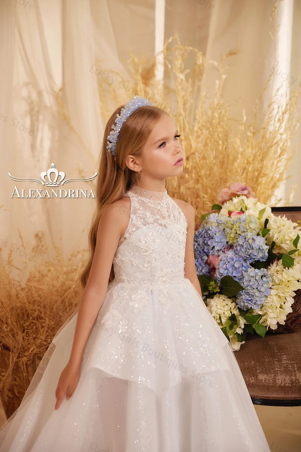 Shiny White Flower Girl Dresse High Neck Sleeveless Children Birthday Gowns Tiered Appliqued Kids First Communion Dresses