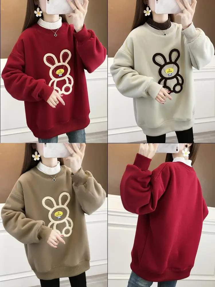 Felpa con cappuccio Thiened in pelliccia di agnello da donna di grandi dimensioni 300 Pou lavorata a maglia collo semi-alto Faionable Top di media lunghezza alla moda