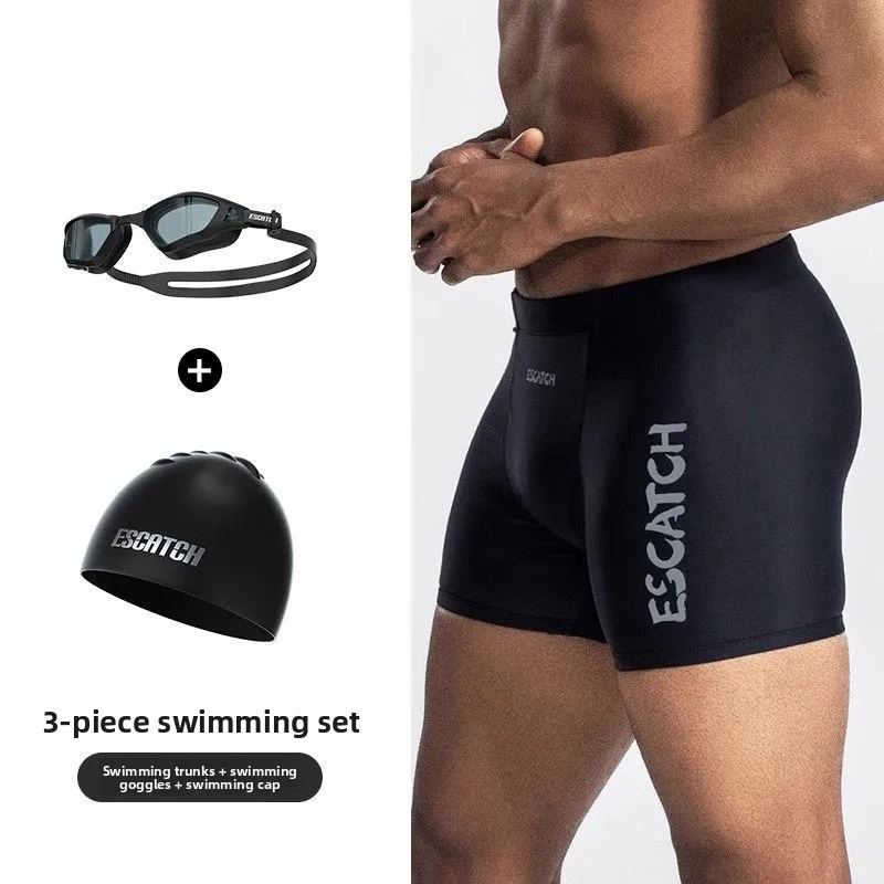 Genuine Swimming Trunks, Goggles Cap 3pcs Set, Men's Professional Flat-angle Swimming Equipment 4pcs Packs