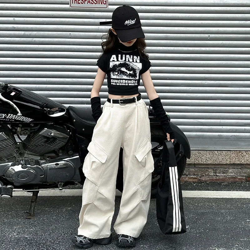 2026 Summer New Teens Tracksuit Girls Cloth Crop Top Letters T-Shirt Or Long Wide Leg Cargo Pants Kid Hip Hop 4 8 10 12 14 Year