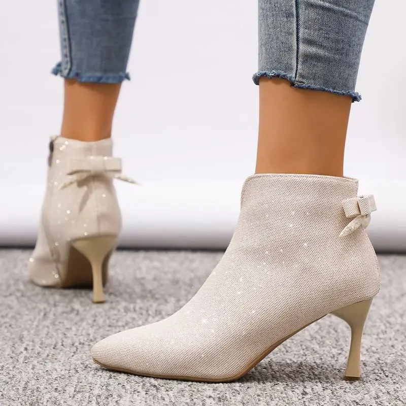 

Plus Size Women's Boots 2025 Autumn/Winter Bow Sequin Cotton Short Boots High Heel Pointed Toe Fine Track Shoes Fashionable Foot