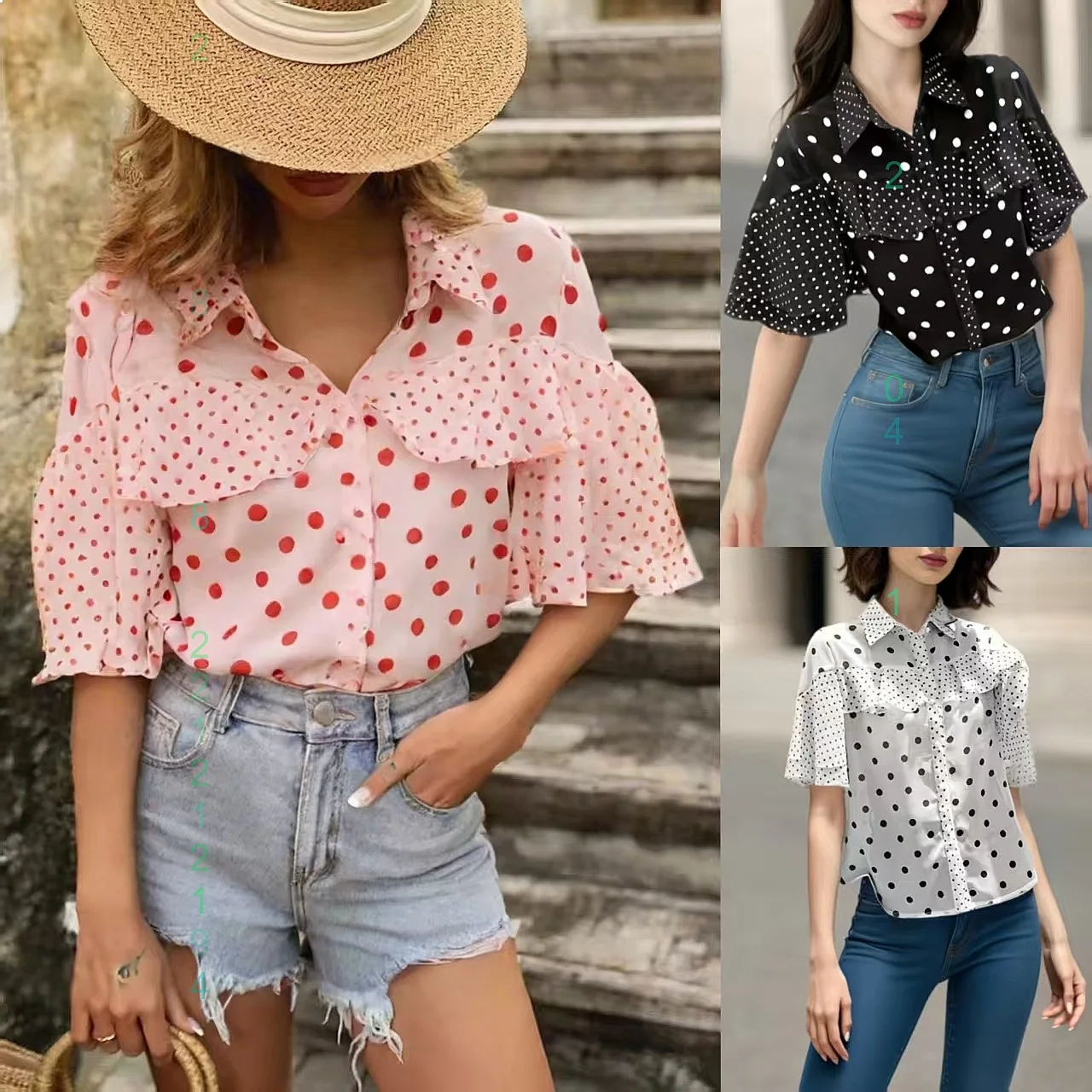 

Summer Blouse Tops Polka Dot Chiffon Shirt Short Sleeve Ruffle Blouses Spring Summer Women Tops