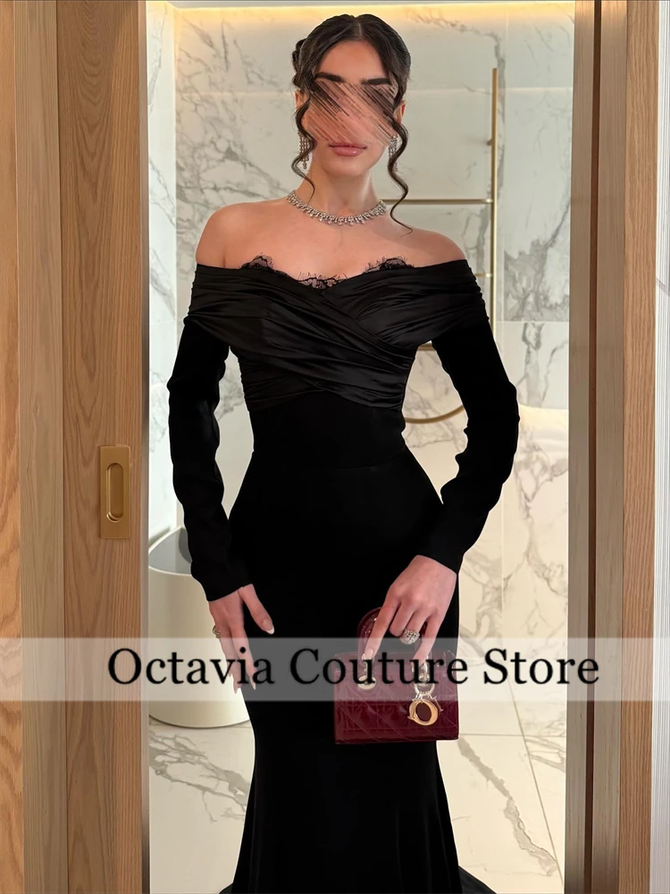 فساتين سهرة سوداء مكشوفة الكتف للنساء مطرزة بأكمام طويلة على شكل حرف A من الشيفون فستان رسمي طويل للحفلات حسب الطلب