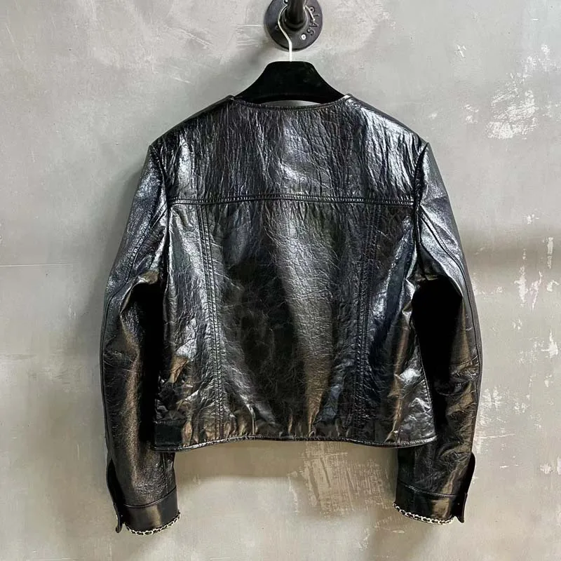 Genuine Leather Jacket O-Neck Collar Clothes Women Coat Spring New Arrival Patent Leather Aurora Craft Single Breasted