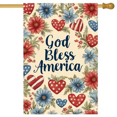 Patriotic Floral Hearts House Flag God Bless America House Flags 28 x 40 Inch... AAV hhz