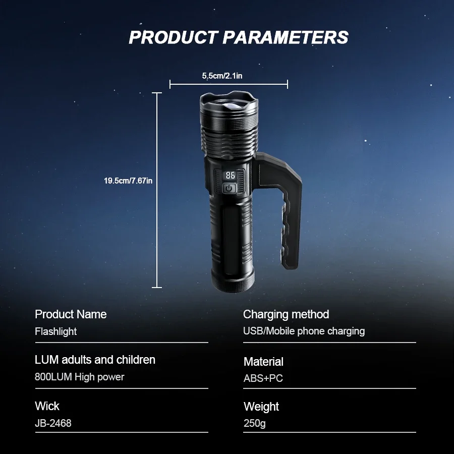 Portable Handheld  LED Flashlight Rechargeable Zoom Smart Digital Display with 7 Dimming Modes Super Bright Emergency Light