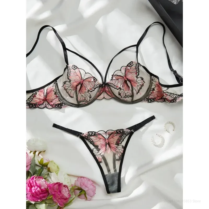 

Женское нижнее белье из 2 предметов, элегантный прозрачный бюстгальтер с бантом, сексуальный бюстгальтер с вышивкой и бабочкой, трусики, милый комплект интимного нижнего белья для девочек