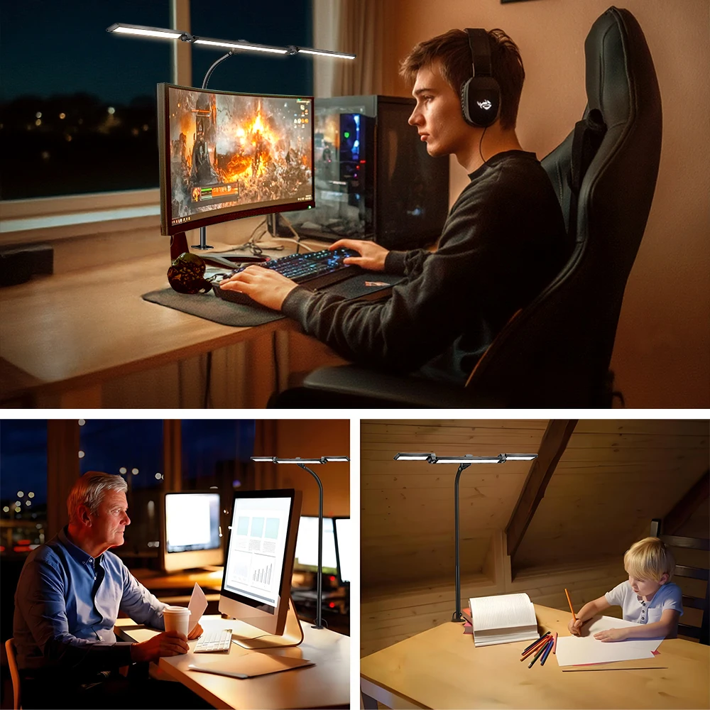 Augenschonende LED-Klemmleuchte aus Metall, 3 Farben, einstellbar, 10 Helligkeitsstufen, flexibler, drehbarer Lampenkopf für Zuhause, Lesen, PC-Spiele – Detail 11