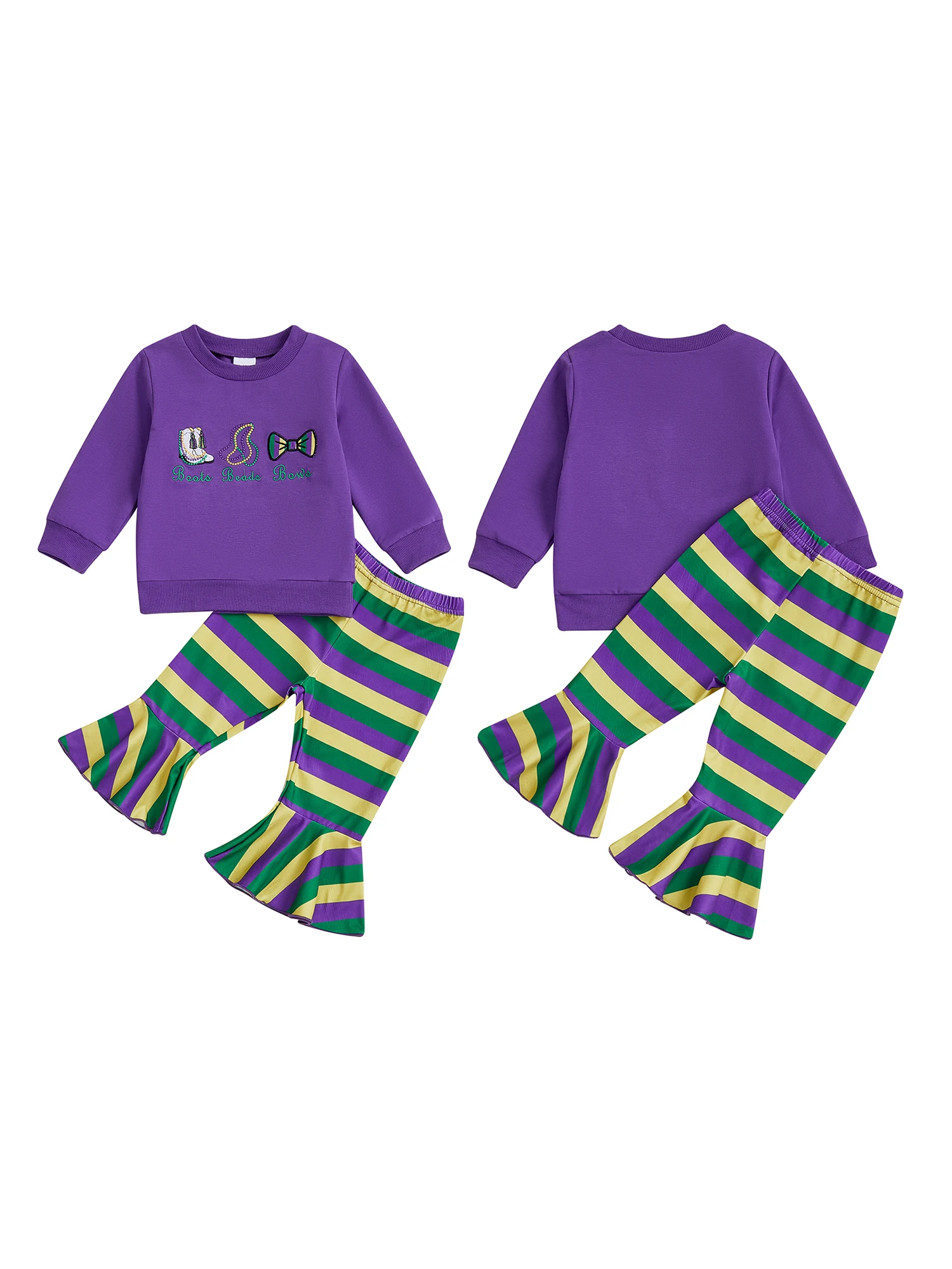 طقم هوديي مطرز للفتيات وسراويل مضيئة مخططة، طقم ملابس ماردي غرا الاحتفالية للأطفال، مجموعة ملابس متطابقة #4