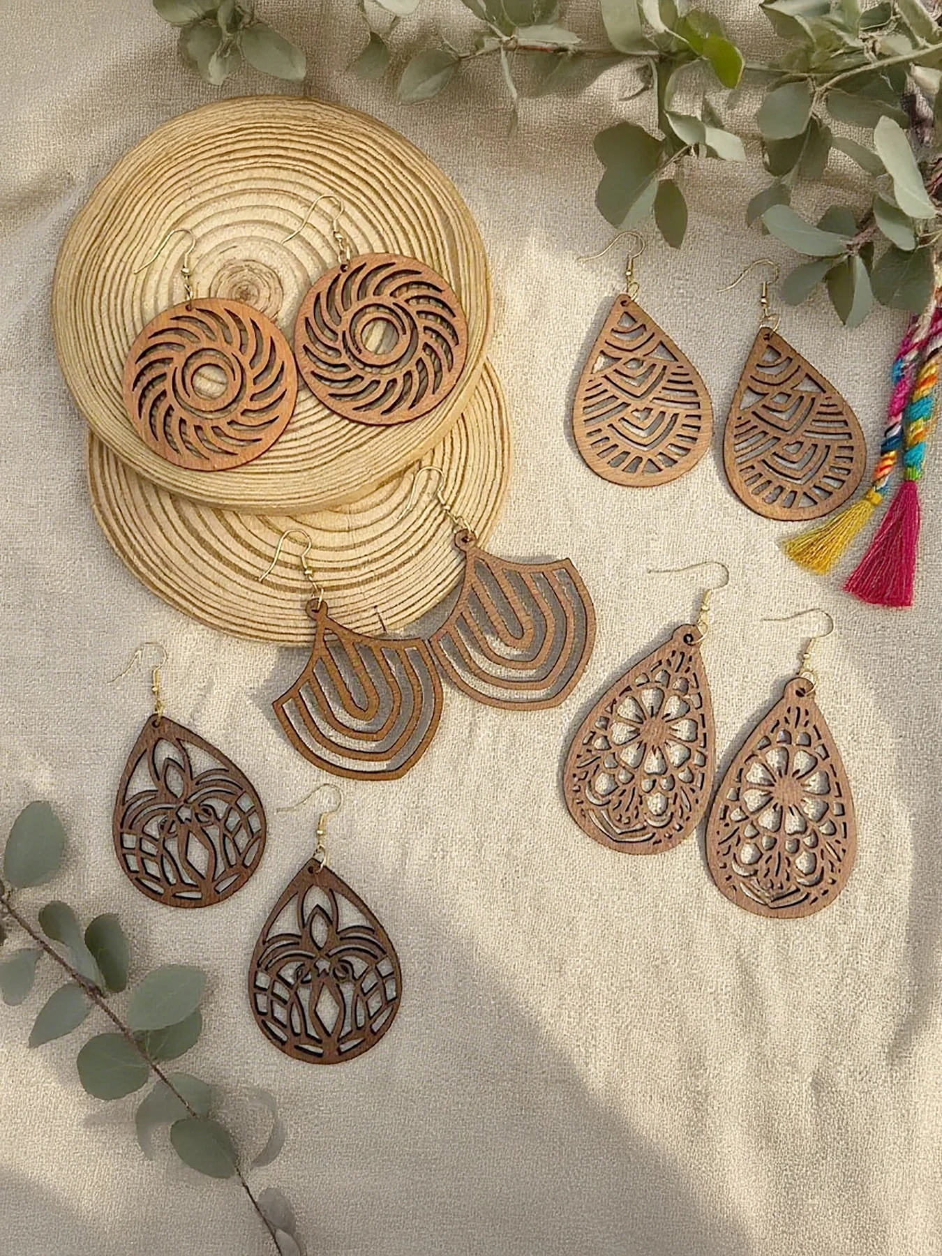 5 Paar/Set, Vintage-Elegante Holzohrringe mit hohlem Design und geometrischem Muster, vielseitige, leichte und leicht zu tragende Holzohrringe für Damen, geeignet für den täglichen Gebrauch, Reisen,