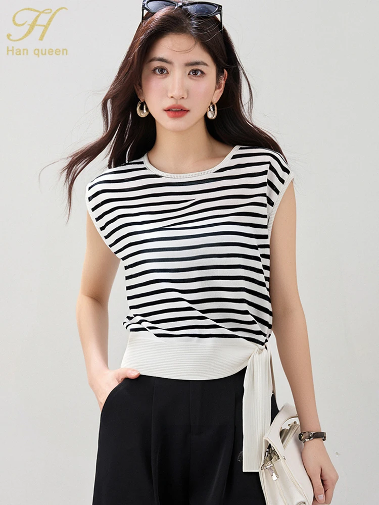 

H Han Queen 2025 Summer Knitwear Short Sleeve Sweaters Women's Tops Elegant Simple Basic Stripe Vintage Loose Casual Pullovers