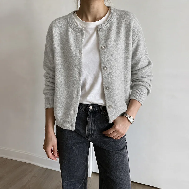 Women Cardigan Sweaters Short Coats Round Neck Jackets Full Sleeve Jumpers Y2k Streetwear Elegant Knit Open Stitch Autumn Winter