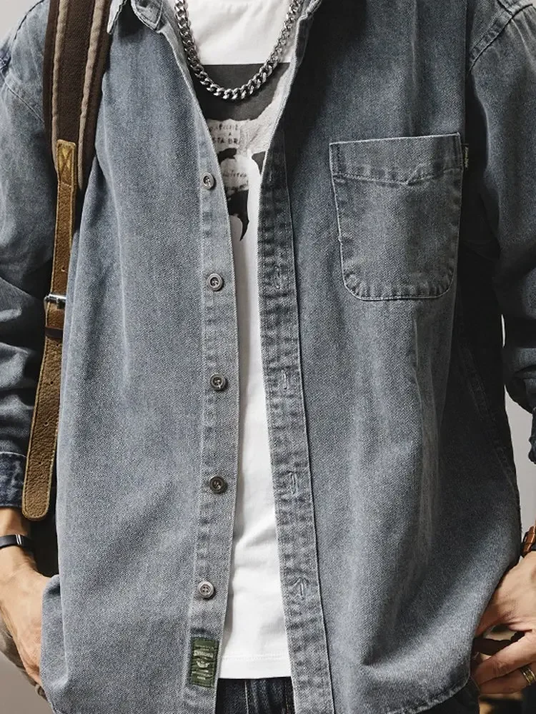 [اختياري مختلف] قميص دينيم بأكمام طويلة للرجال، قميص أمريكي وسيم، سترة سميكة غير رسمية فضفاضة للرجال مغسولة