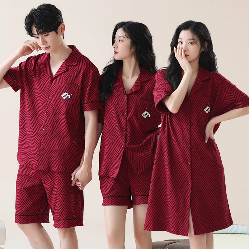 Couple Short Sleeve 100% Cotton Pajama Sets for Men Summer Korean Loose Sleepwear Pyjama Women Night Dress Homewear Home Clothes