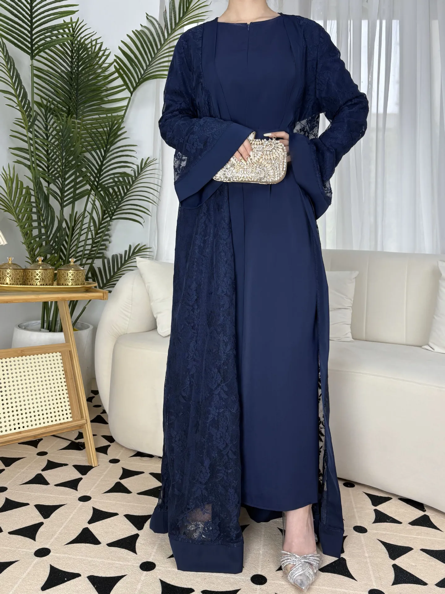 Muslim New Fashion Women's Solid Color Trendy Elegant Lace 2 Piece Sets Long Sleeve Ankle Length Robes Abaya Female Clothes