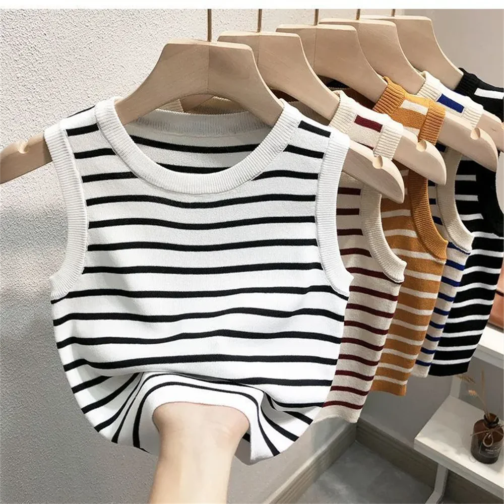 

Female Elastic Slim Casual Vests Pullover Camis Women Sleeveless Knitted T-Shirts Crop Tops Summer Spring Striped Tank Tops