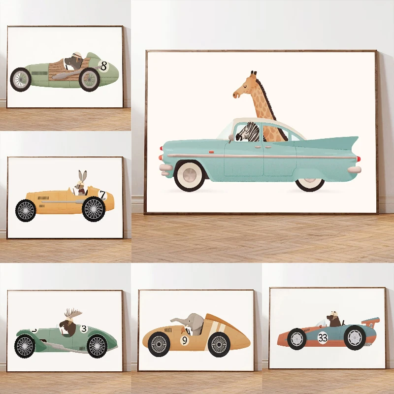 1pc frameless Canvas Painting Zebra Giraffe Cartoon Animals Drive Cars Poster Print Wall Art Canvas Painting Nursery Picture for
