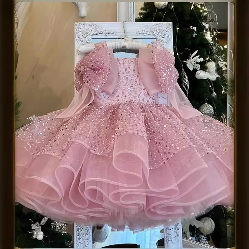 2024 Children Princess Dress Formal Occasion Clothes Matching One Year Old Costumes Baby Girls Luxury Bow Sequin Elegant Outfit