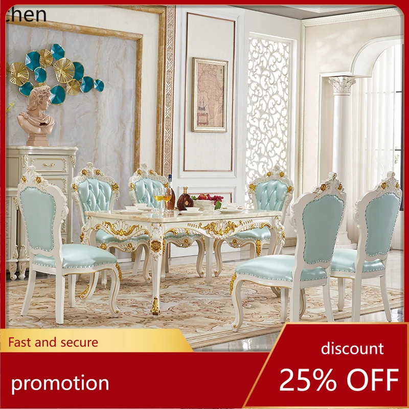 HT marble dining table and chairs group carved dining table villa small apartment restaurant rectangular