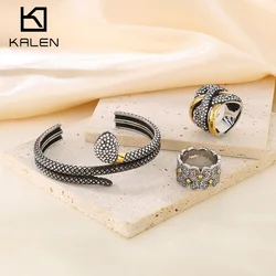 Kalen Vintage Retro Style Steel Ring Bracelet Set for Women Inlaid Zirconia Jewelry Fashion Snake Bracelets Ring Set
