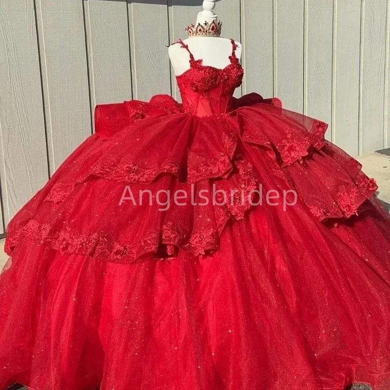 Angelsbridep-Vestido Quinceanera em camadas vermelhas, cintas de espaguete, apliques, vestido de baile luxuoso, vestido de noite, 2022