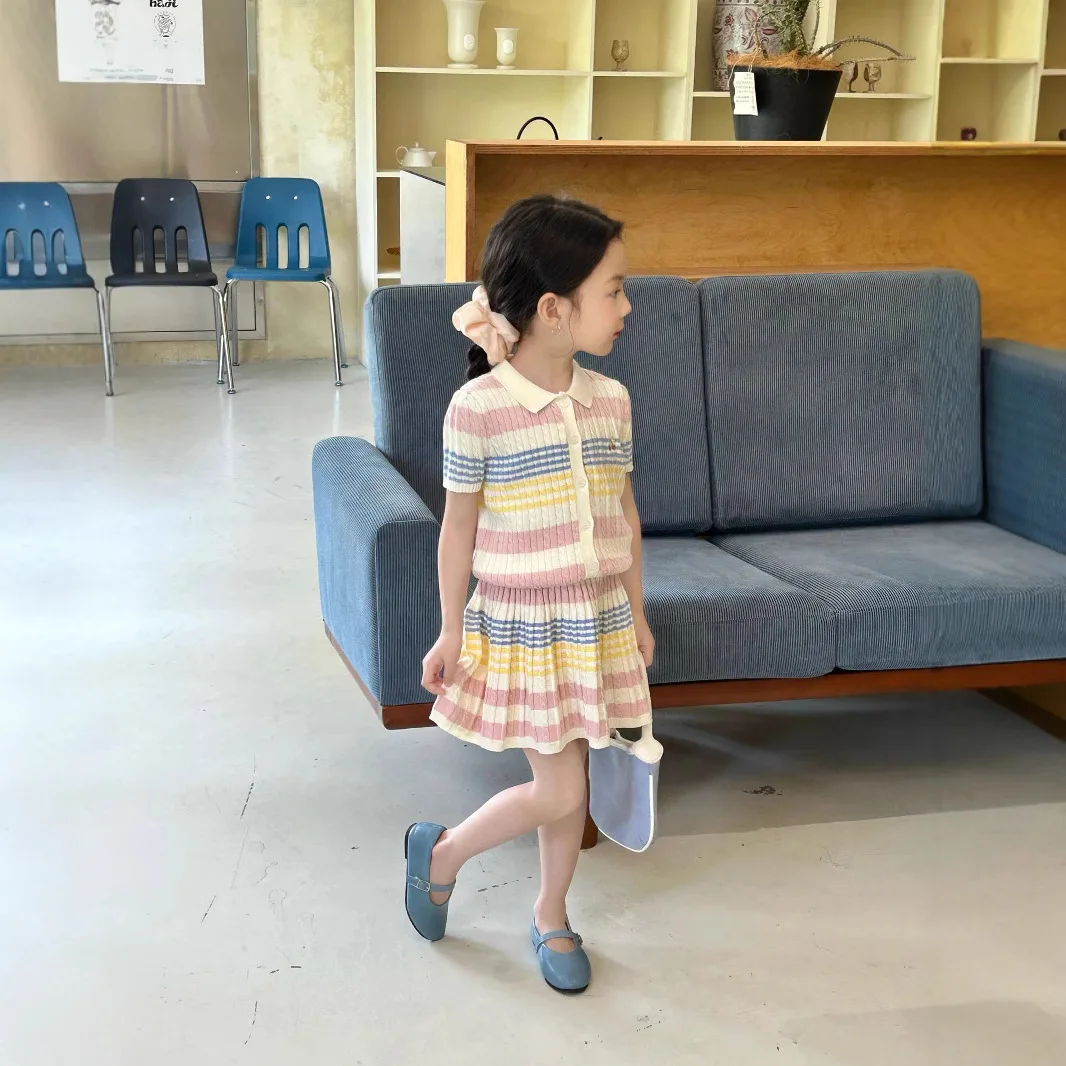 Costume d'été pour filles, vêtements pour enfants, Style coréen, jupe Cardigan à rayures colorées à nouer, deux ensembles décontractés pour tous les jours, nouvelle collection 2025