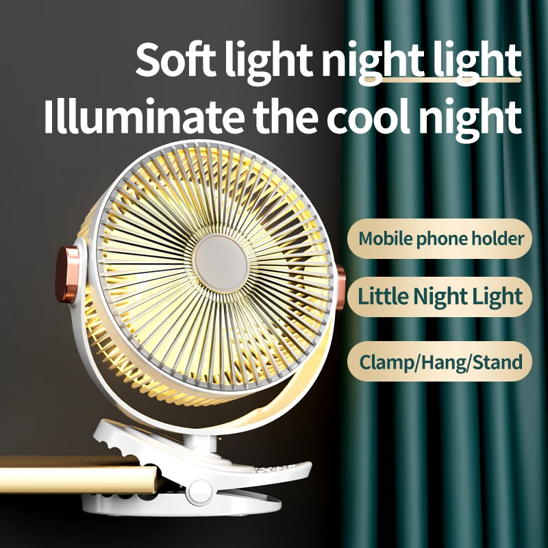 2026 جديد قابل للشحن 720 ° مروحة بمشبك قابلة للتعديل ومكيف هواء محمول ومروحة طاولة مع ضوء ليلي وحامل للهاتف المحمول #2