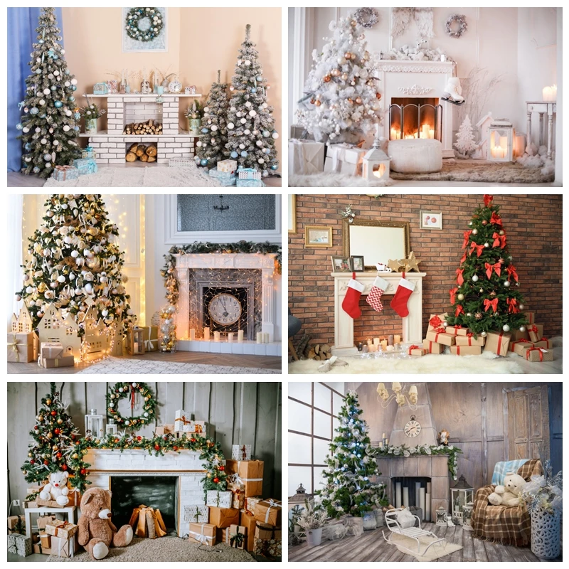 Christmas Photography Backdrop Children Kids Portrait Photoshoot Indoor White Fireplace Wood Floor Xmas Background Photo Props