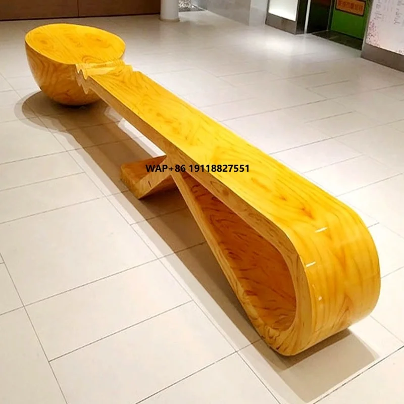 

Ladle-Shaped Fiberglass Mall Leisure Bench Wood-Imitation Design Stylish Indoor Outdoor Waiting Seat