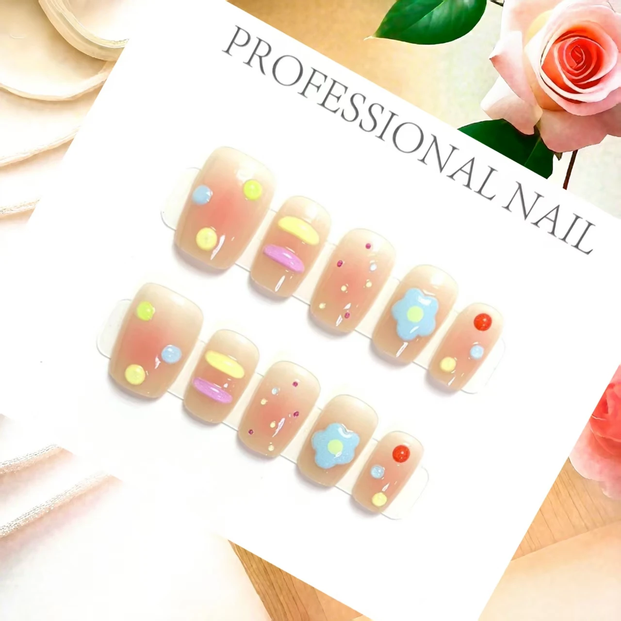 10 pçs escada curta verão cor imprensa em unhas artesanal design simples para todas as ocasiões com ferramentas de 4 peças abas adesivas de unhas