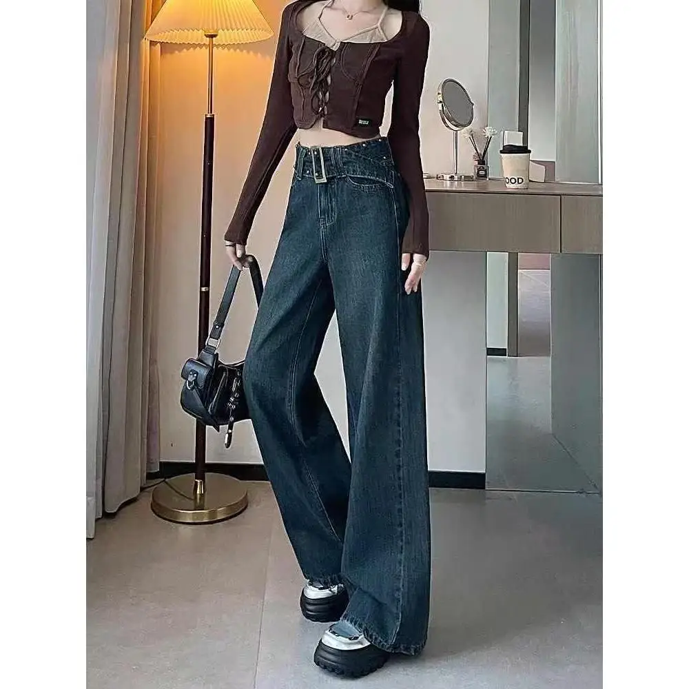 

Retro American Wide Leg Denim Jeans High Waist Loose Fit Small Size Dra Straight Leg Pants for Women Autumn Faion