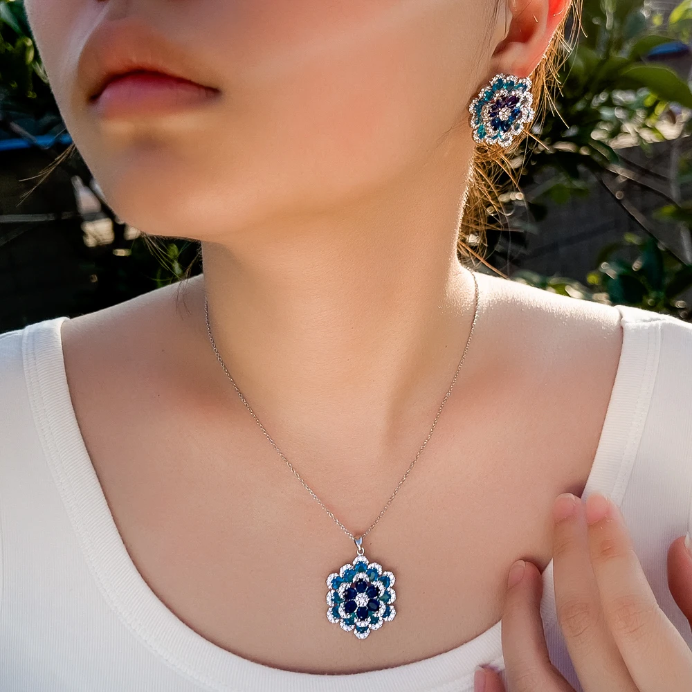 CWWZircons Art Deco Luxus-Ohrringe und Halskette mit blauem Zirkon in Blumenform, Damen-Partyschmuck-Sets, Großhandel T0195 – Detail 2
