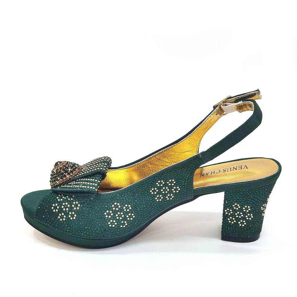 Pattern Popularity Newest Sandals Ladies Shoes and Bag Set Full Diamond Fashion Design Green Color Pumps for Wedding Party