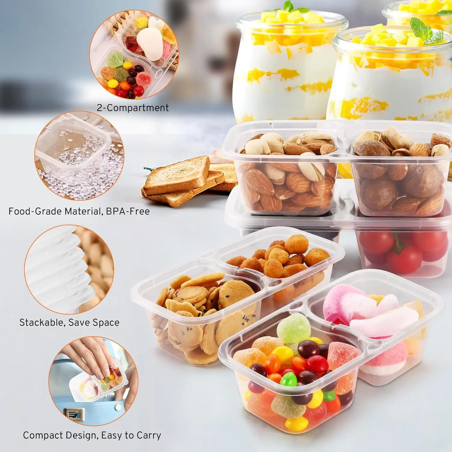 20pcs Compartment Sauce Pots，Reusable Leakproof Dipping Container，Snack Box for Fruits, Yogurt, Salad, Condiments 20PCS Forks