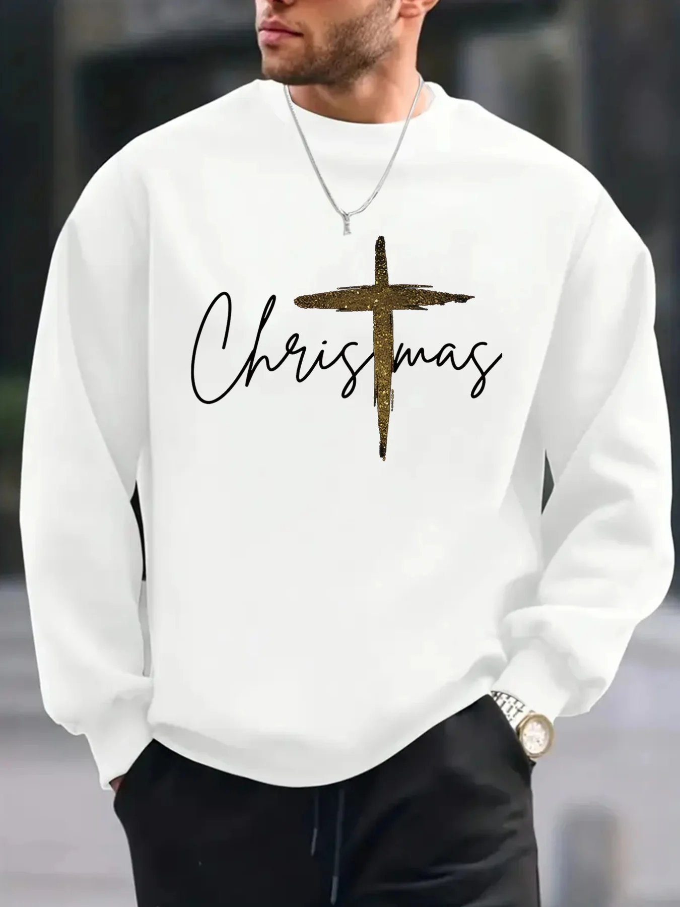 

Мужской свитер с круглым вырезом и длинными рукавами с принтом «Рождество», удобный обычный пуловер, мужские незаменимые вещи