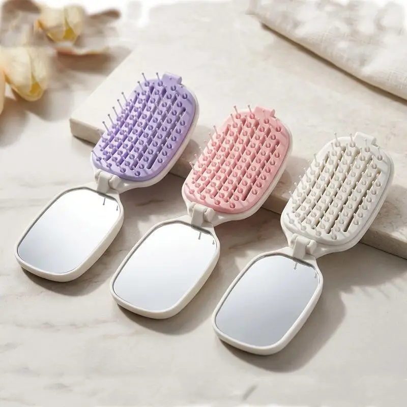 2 In 1 Travel Folding Hair Comb With Built-in Makeup Mirror One Key Hair Remover Air Cushion Detangling Scalp Massage Hairbrush
